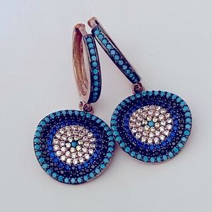 🧿 925 Silver earrings cz fancy evil eye hoop